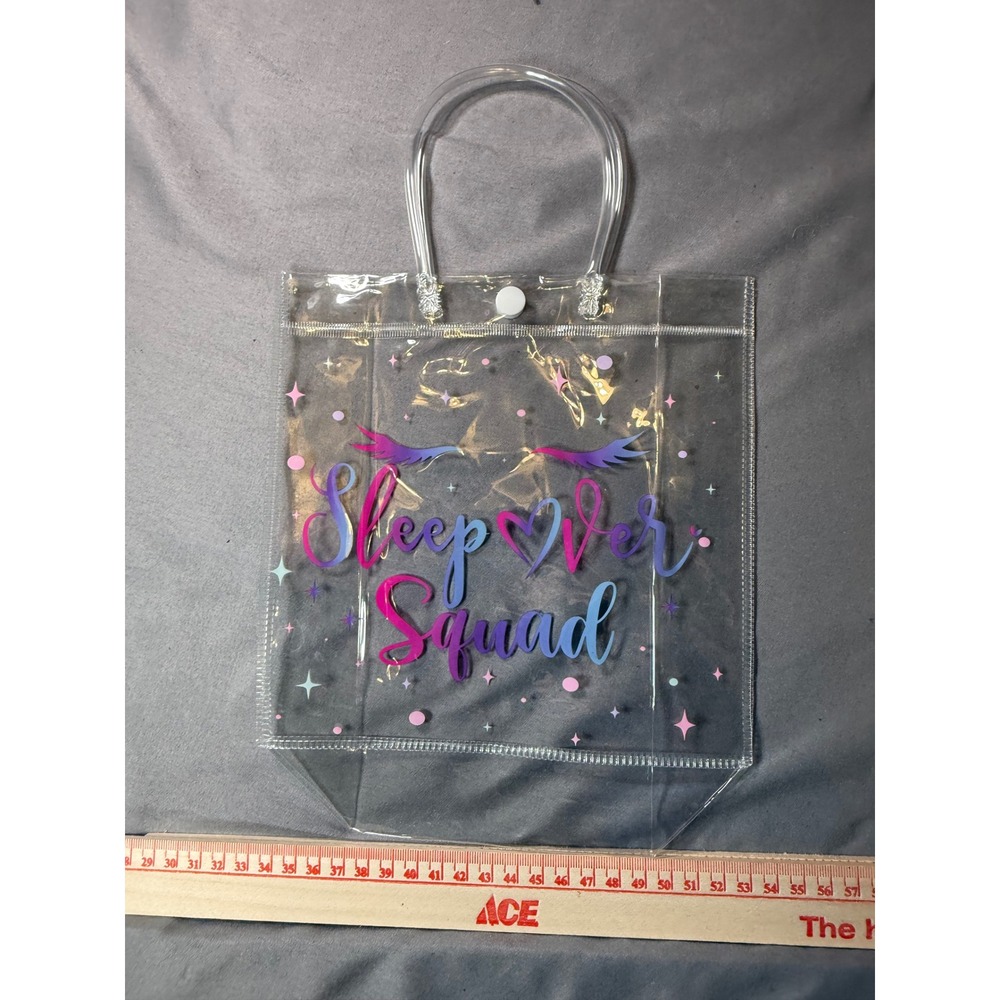 NEW 14 Sleepover Squad Clear PVC Tote Bags. Iridescent Writing